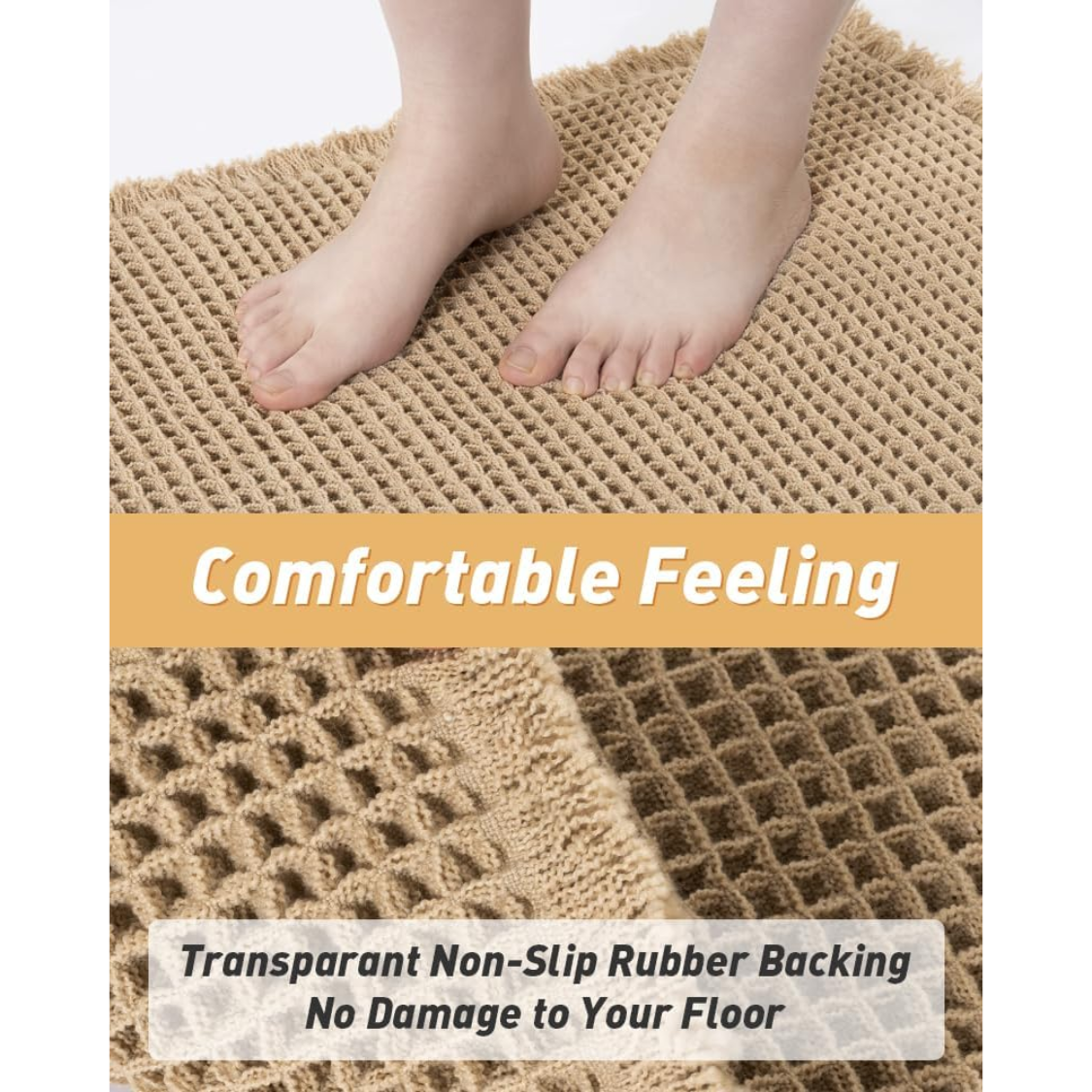 Waffle Bath Mat, Super Absorbent Non Slip Bath Mats For Bathroom Floor, Machine Washable Bathroom Rugs With Tassels, Rubber Backed Bathroom