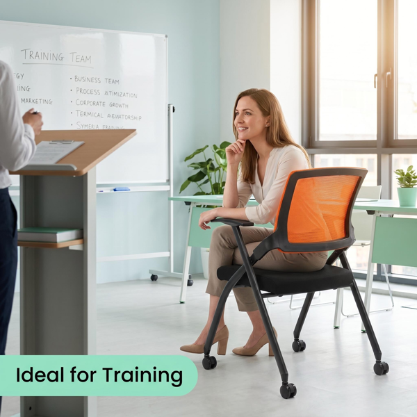 1 Pack Stackable Conference Room Chairs With Wheels,Folding Office Chair With Rebound Back,Padded Seat For Training Room,Guest,Reception,Event,Capacity 350lbs,Orange