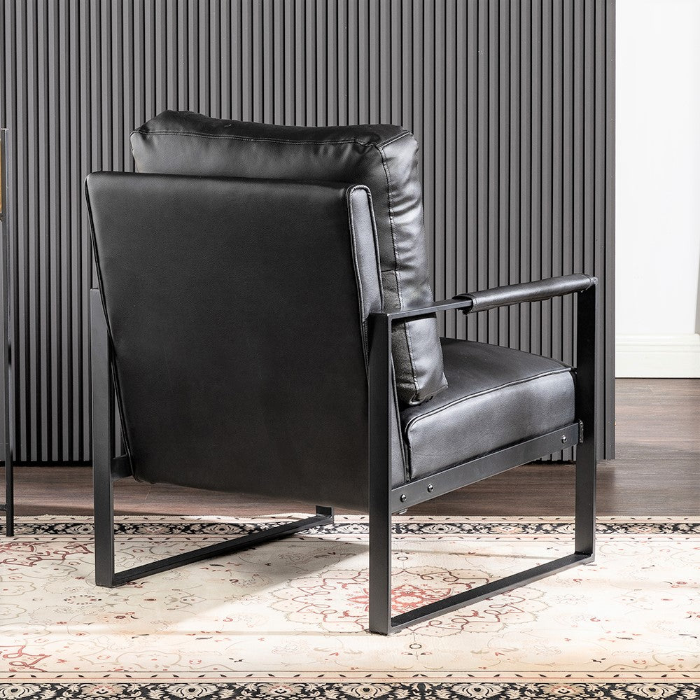 Classic Mid Century Modern Accent Chair With Durable Square Metal Frame, Armchair For Living Room, Bedroom, Home Office In Spotted Microfiber Upholstery, Black -PU Leather