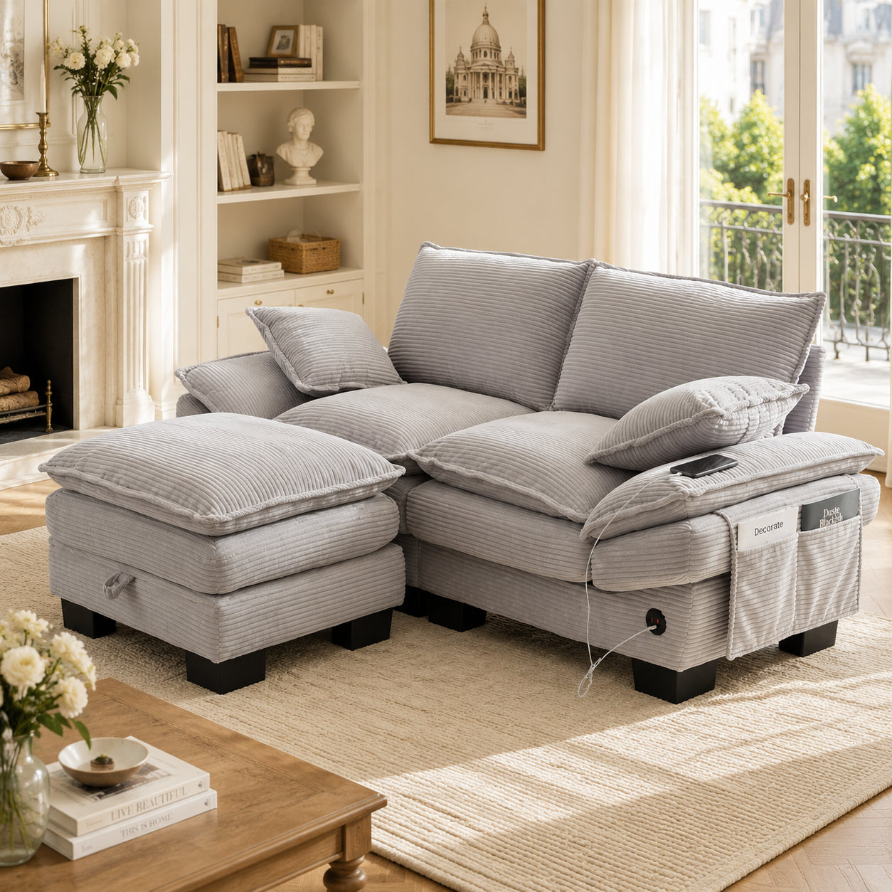 Modular 2-seater Corduroy Sofa  With Stool Wide Seat, Ergonomic Design, High-density Foam Padding, USB-C Port And Side Pockets. Ideal For The Living Room, Office Or Lounge.Light Grey