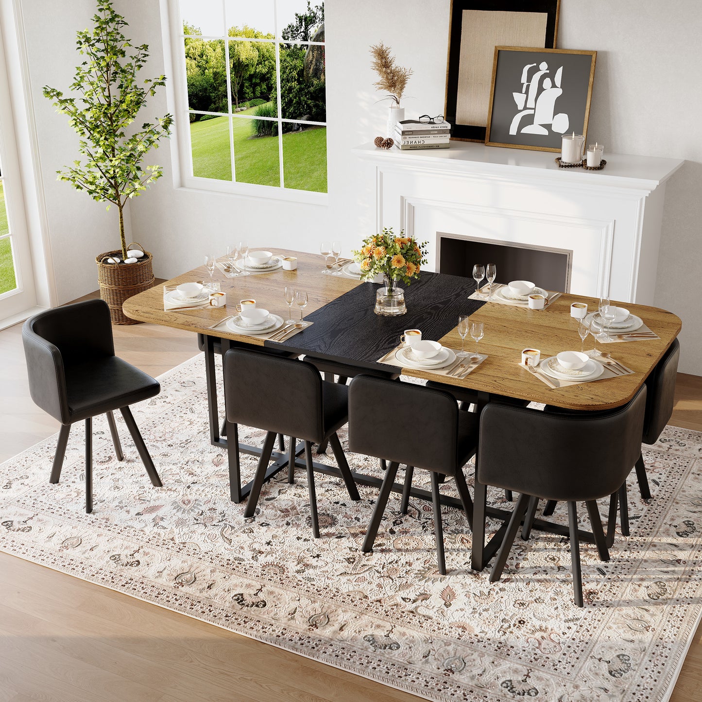 9-Piece Square Dining Table Set, Fixed Two-Tone Wood Grain & Black Wood Grain Triamine Tabletop With 8 Black Faux Leather Chairs, Modern Kitchen Table Set For 8 People, Ideal For Family Gatherings