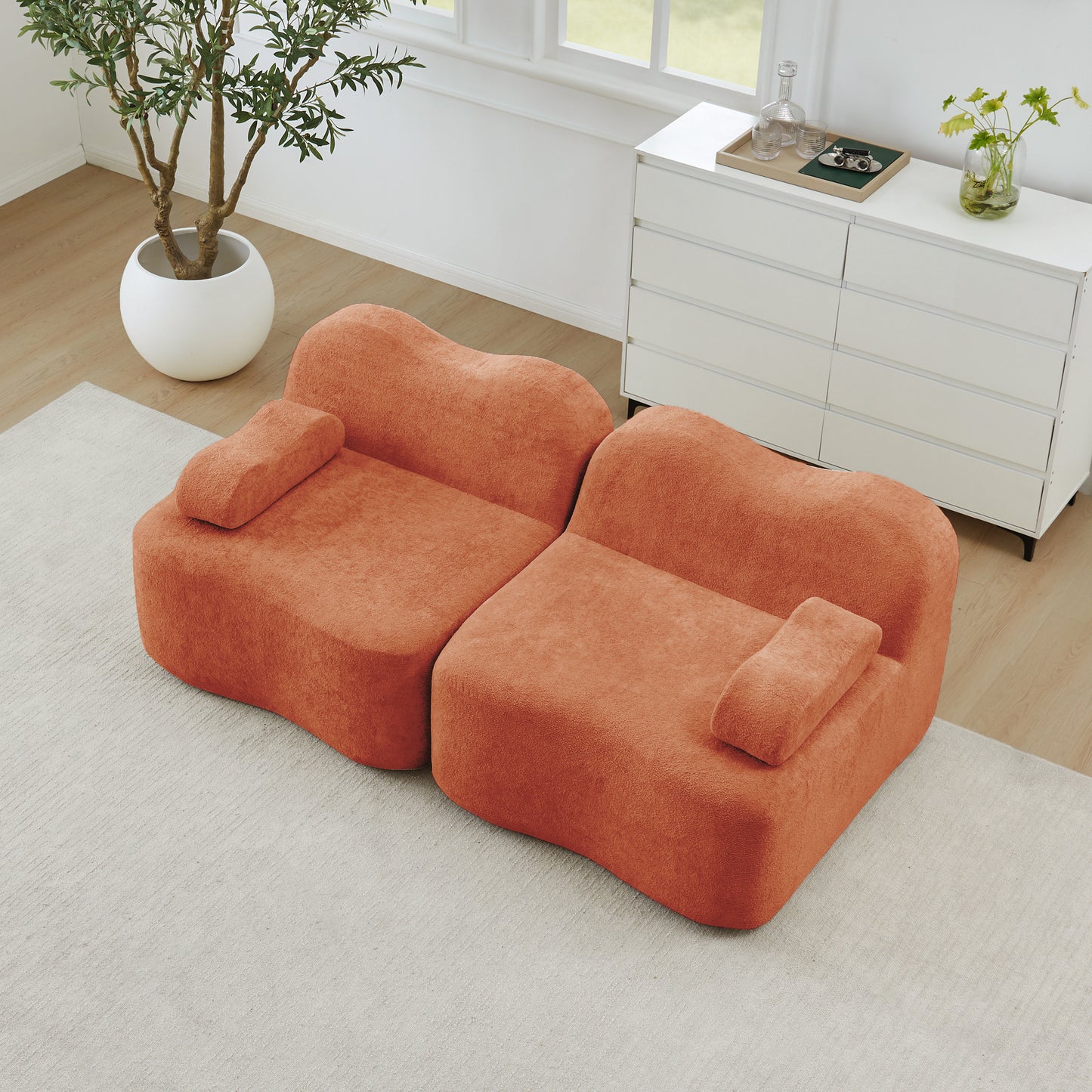 2 Seater Modular Boneless Sofa, Wave Shape, Deep Seat Cushions, Movable Armrest Cushion, For Living Room & Apartment, No Setup Required, Orange