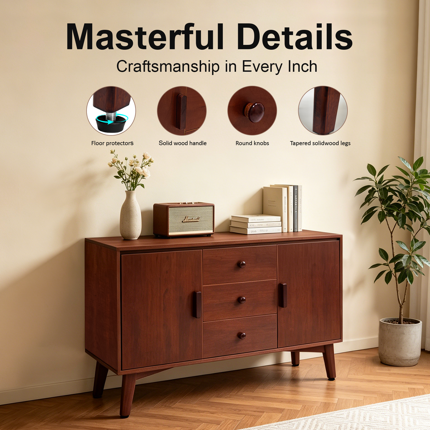 47.3  Mid Century Modern Sideboard Buffet Cabinet, Kitchen Buffet Cabinet With Solid Wood Frame Legs & Wooden Handle, Storage Cabinet With 2 Doors And 3 Drawers For Kitchen,Dining,Living Room, Walnut