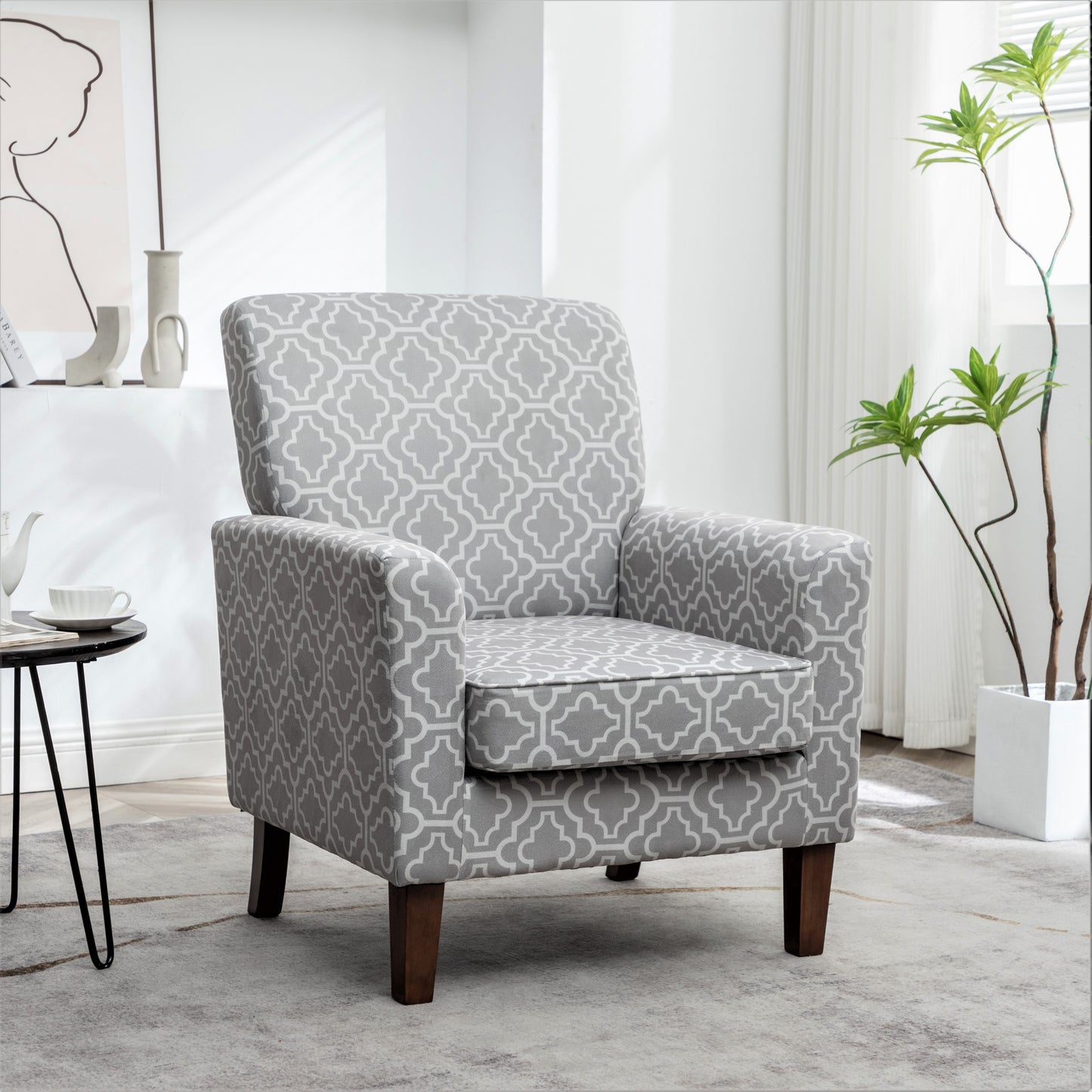 Patterned Polyester Blend Armchair, Solid Birch Wood Frame With Brown Tapered Legs, Foam Padded Accent Chair With Trim Detail For Living Room Office