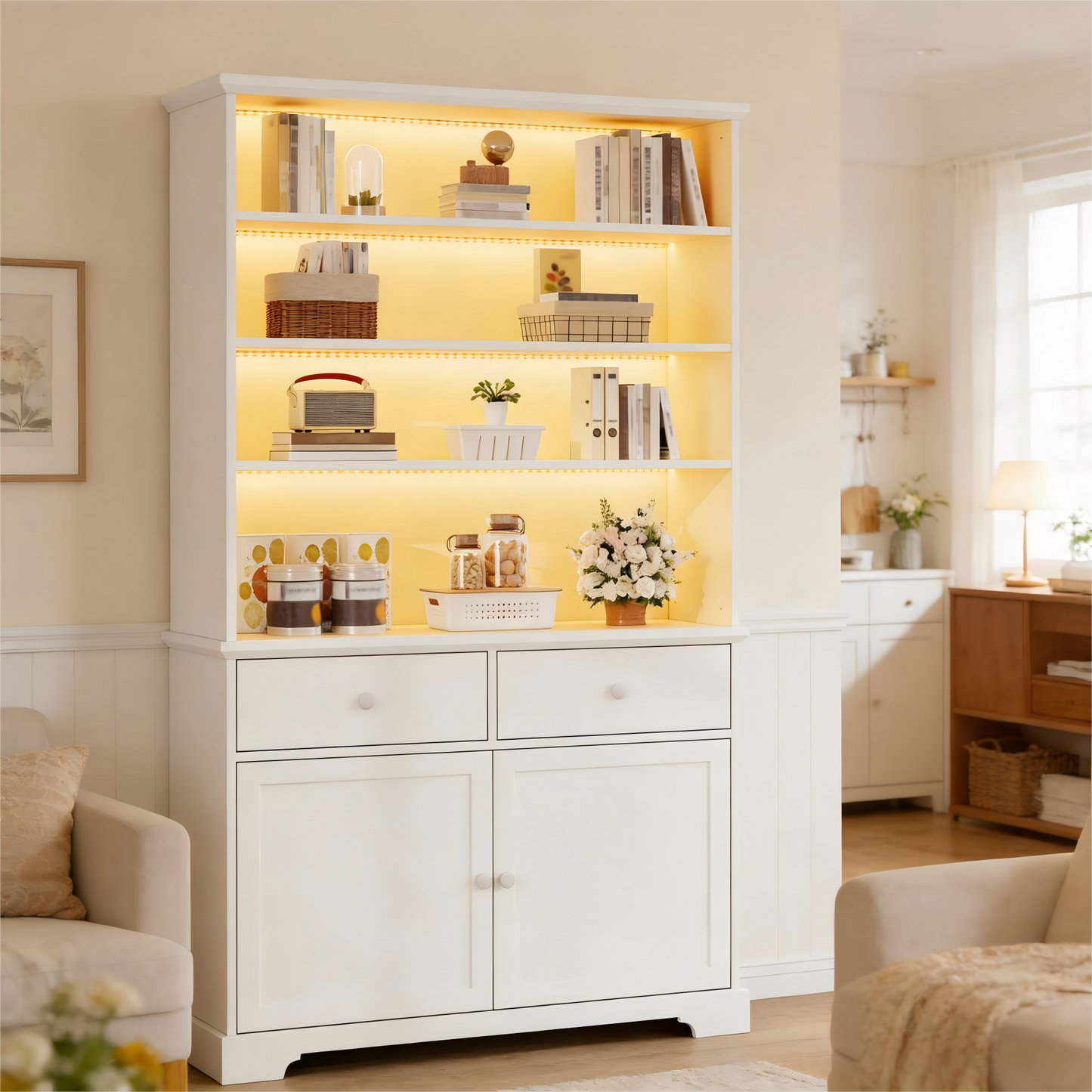 Display Cabinet, Freestanding Display Cabinet With 2 Cabinet Doors, Glass Display Cabinet With LED Lighting, Living Room Cabinet  Wide, Multifunctional Cabinet With 2 Drawers,
