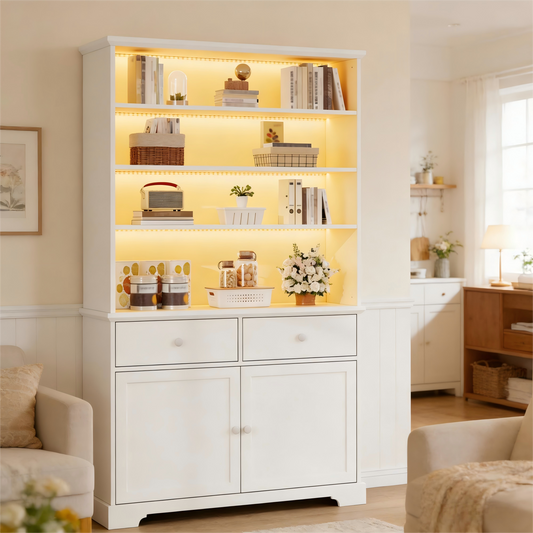 Display Cabinet, Freestanding Display Cabinet With 2 Cabinet Doors, Glass Display Cabinet With LED Lighting, Living Room Cabinet  Wide, Multifunctional Cabinet With 2 Drawers,