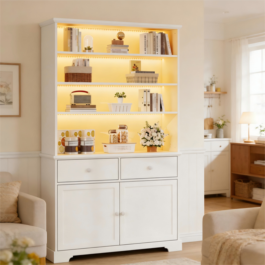 Display Cabinet, Freestanding Display Cabinet With 2 Cabinet Doors, Glass Display Cabinet With LED Lighting, Living Room Cabinet  Wide, Multifunctional Cabinet With 2 Drawers,