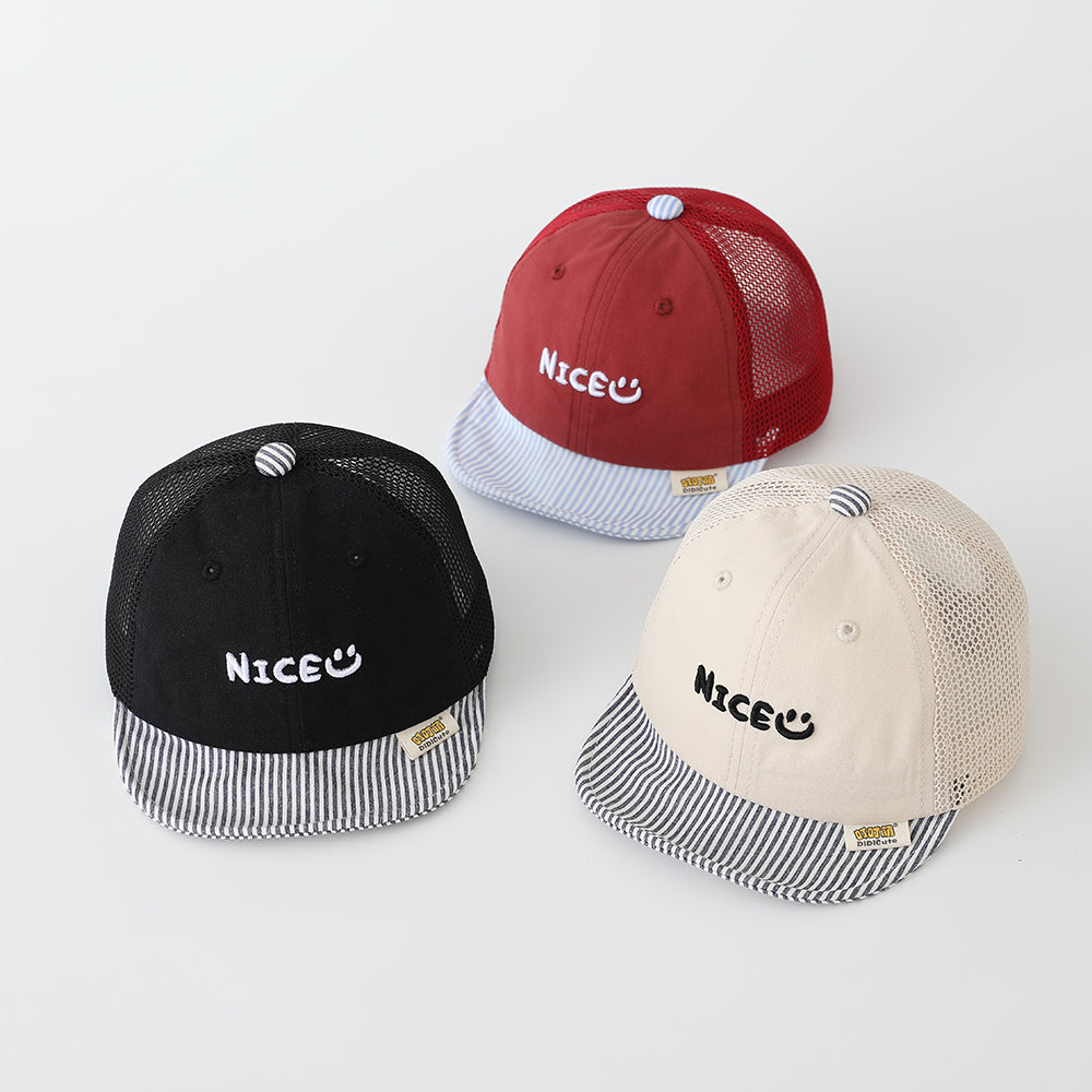 The New Children's Embroidered Letter Smiling Face Striped Soft Brim Net Fabric Breathable Baseball Cap Is Suitable For Babies' Daily Activities.