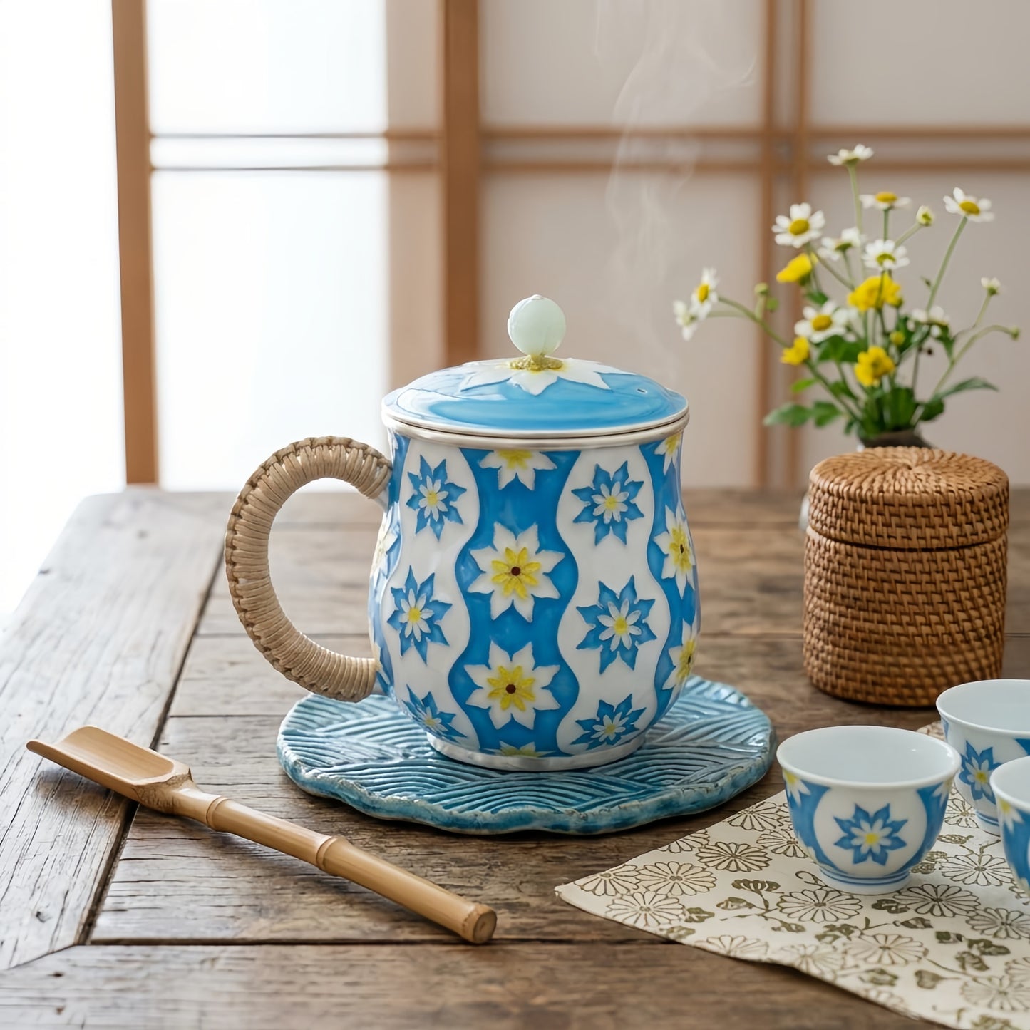 925 Sterling Silver Elegant Ceramic Mug with Floral Design, Woven Handle, and Lid-Premium Indigo Tea Mug - Handicraft