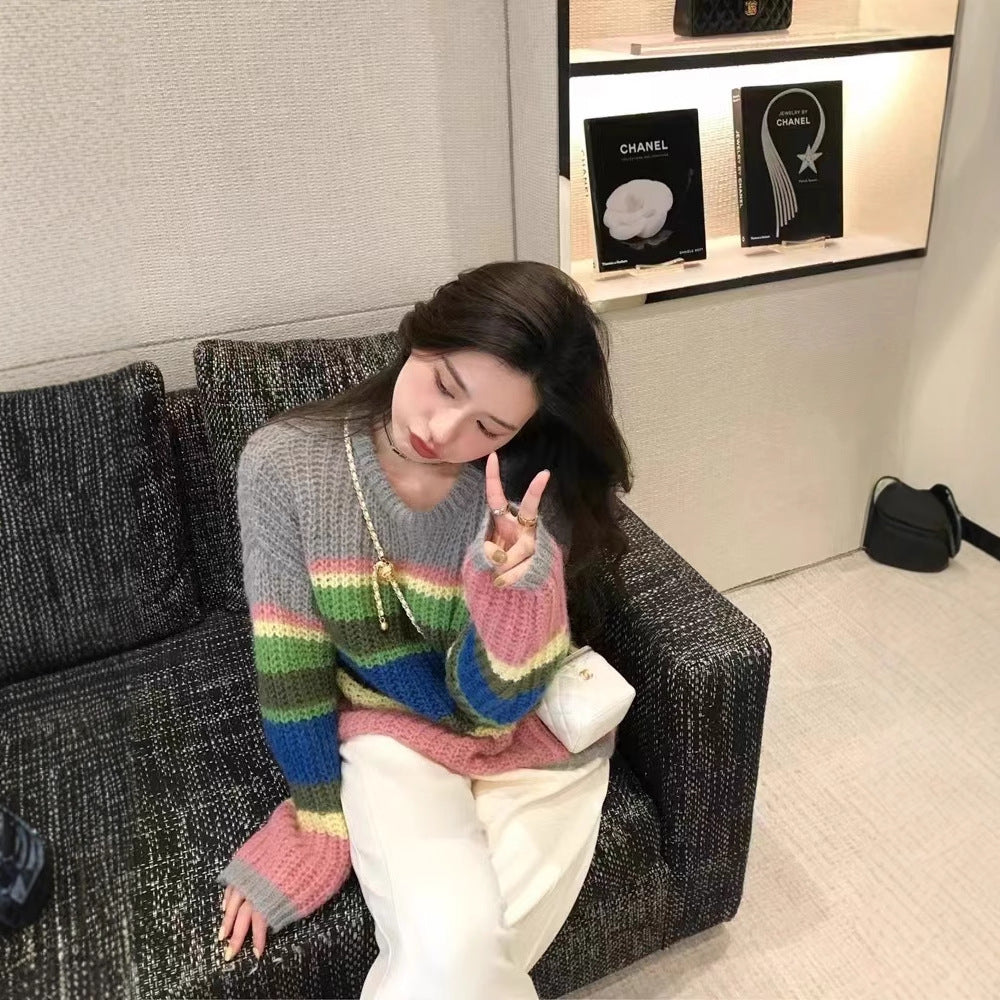 Korean Spring Limited Rainbow Mohair Striped Sweater Loose Outerwear Top