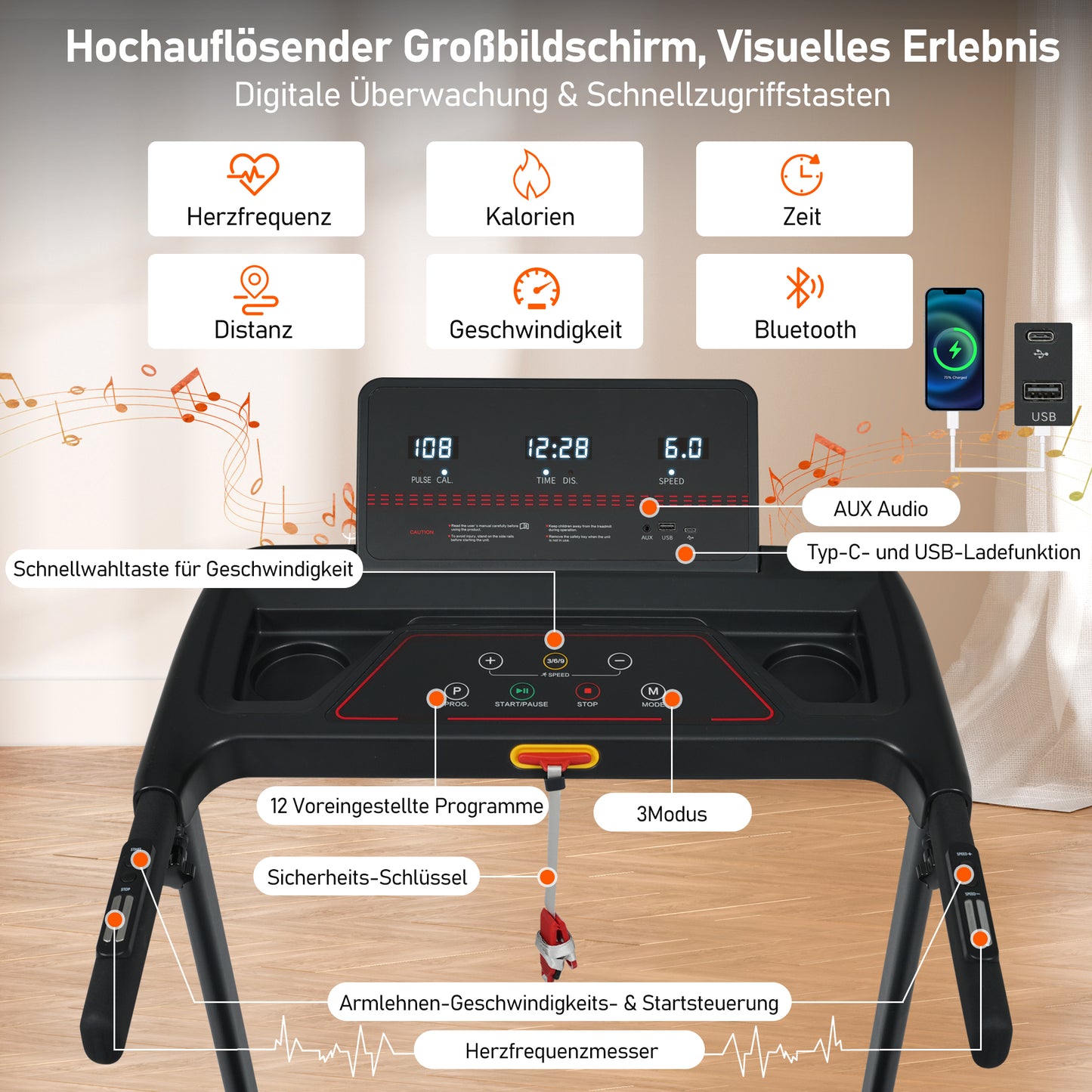 Treadmill With Incline Function, 3.0 HP, Folding, Home, 14 Km H, 8 Incline, 120 Kg, With Heart Rate Sensors, Type-C And USB Charging Station, Bluetooth, Dual Control Mode,12 Program