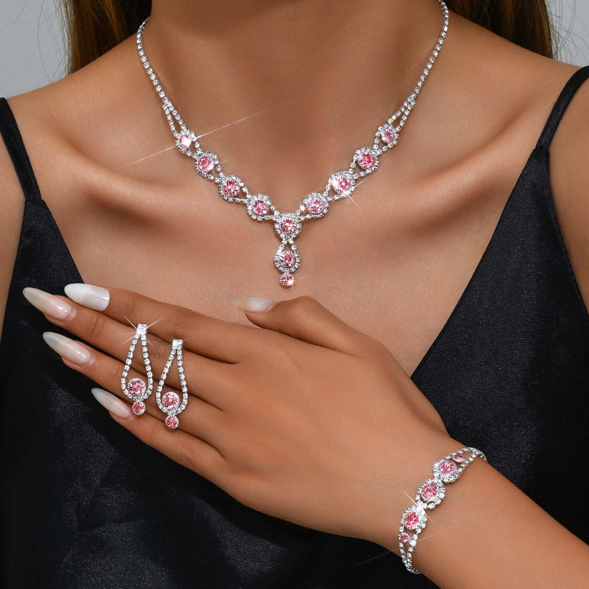 European And American Fashion Pink, Blue, And Red Rhinestone Geometric Necklace, Earrings, And Bracelet Set, Amazon's Best-Selling Full Diamond Three-Piece Set