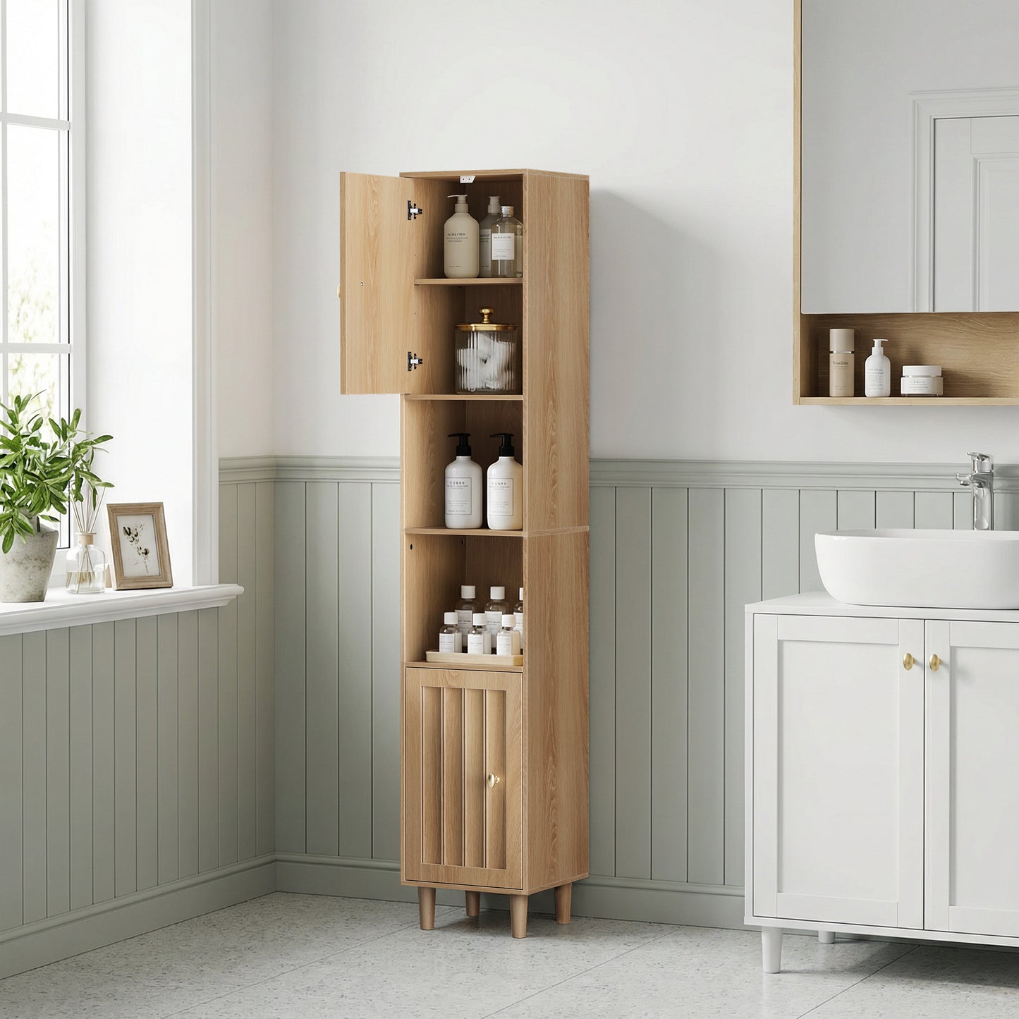 Tall Cabinet Washing Machine Cabinet, Bathroom Cabinet With Doors & Open Shelves, Narrow Wooden Storage Cabinet For Laundry Room, Balcony, Bathroom, Kitchen, Freestanding, Oak Look