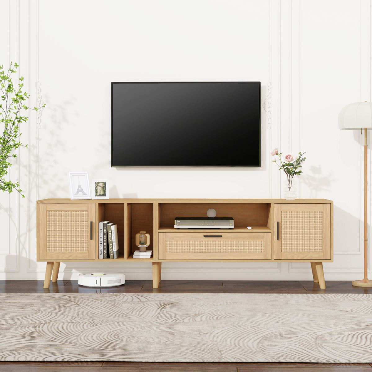 Spacious 180 Cm TV Cabinet With Rattan Decoration, 2 Doors And A Drawer, Solid Wood Legs, Can Accommodate An 80 Inch TV, TV Storage Cabinet, TV Cabinet