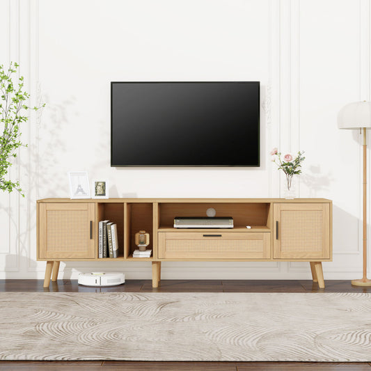 Spacious 180 Cm TV Cabinet With Rattan Decoration, 2 Doors And A Drawer, Solid Wood Legs, Can Accommodate An 80 Inch TV, TV Storage Cabinet, TV Cabinet