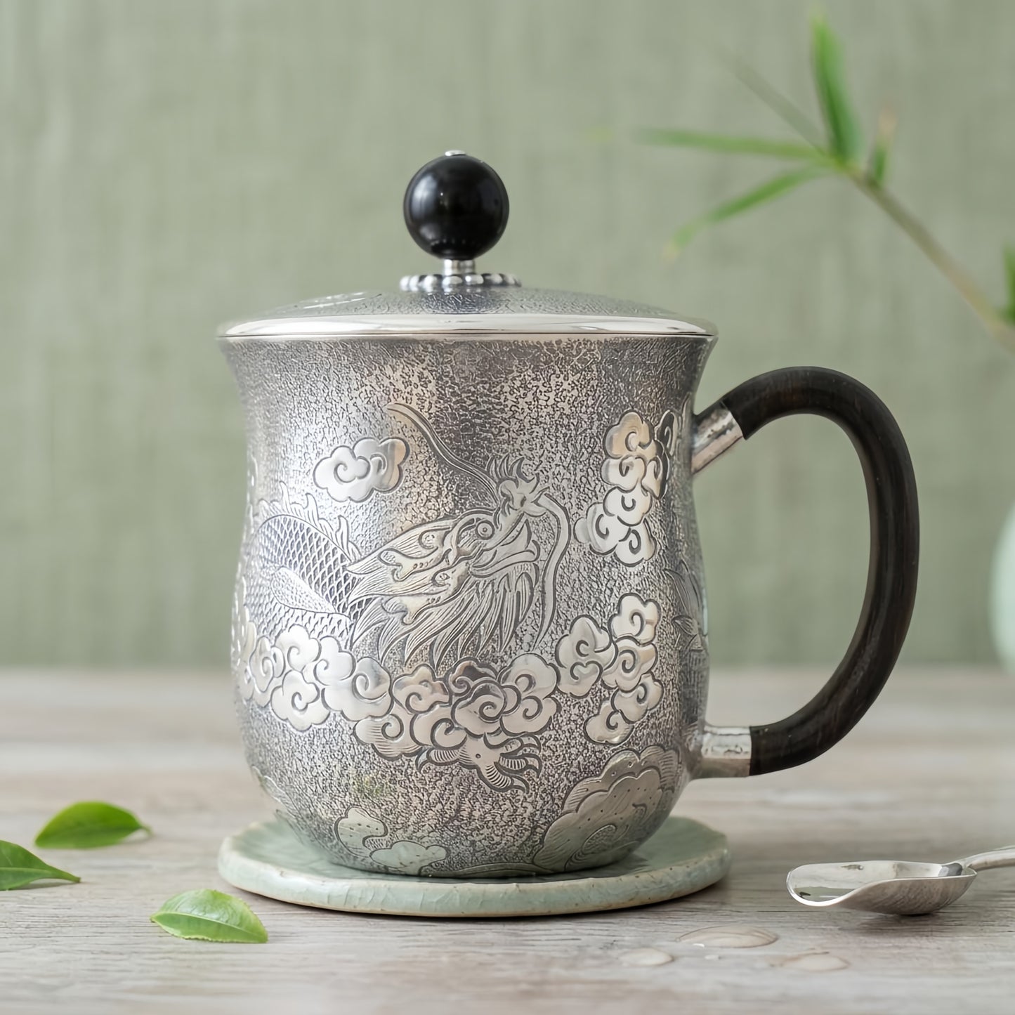 Pure 999 Fine Silver Ornate Handcrafted Silver Dragon Tea Mug with Dark Wood Handle and Lid - Handicraft