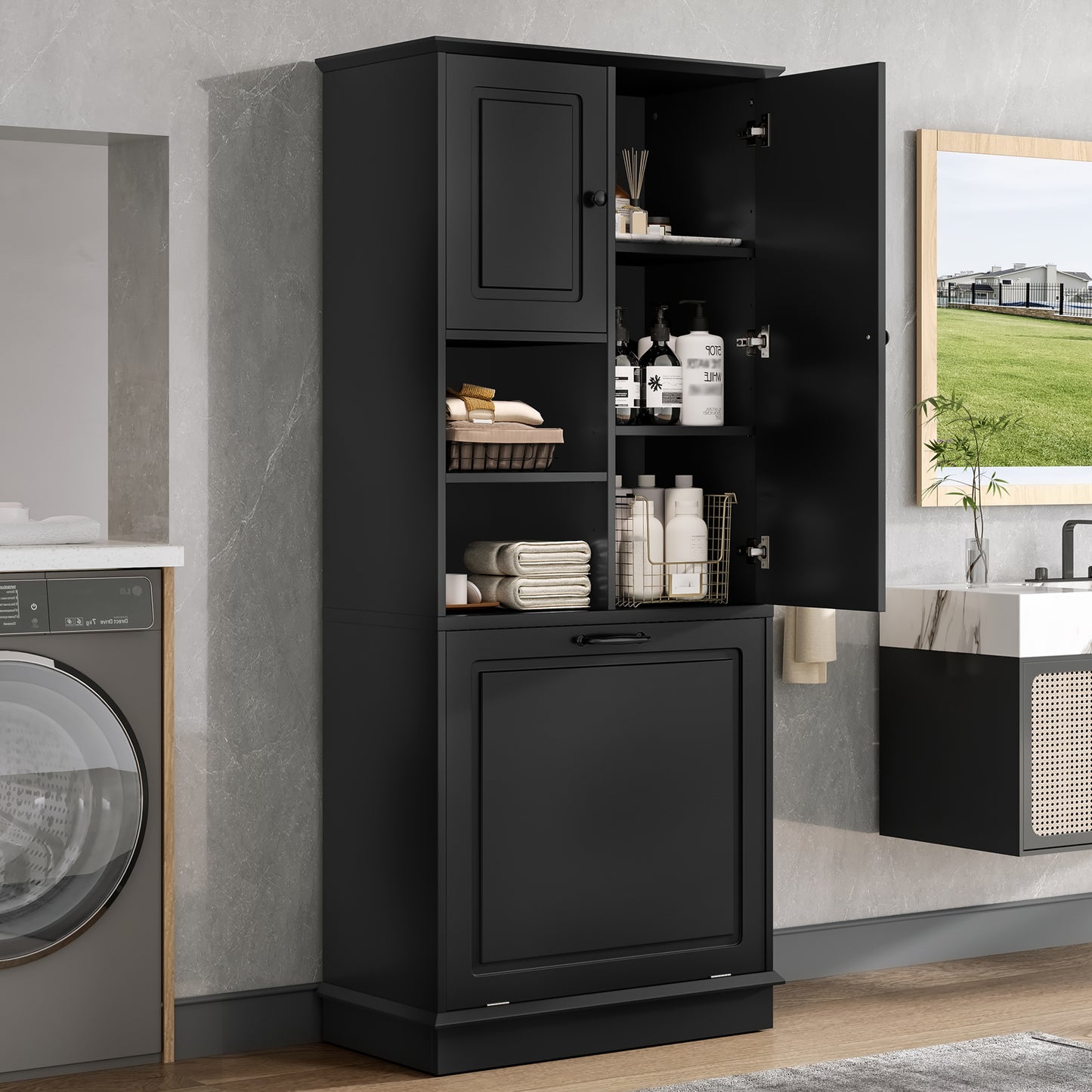 Tall Storage Cabinet With Adjustable Shelves, Large Flip-Out Basket & Enclosed Cabinets -  Perfect For Bathroom, Living Room, Or Office, MDF Material With Aluminum Alloy Handles