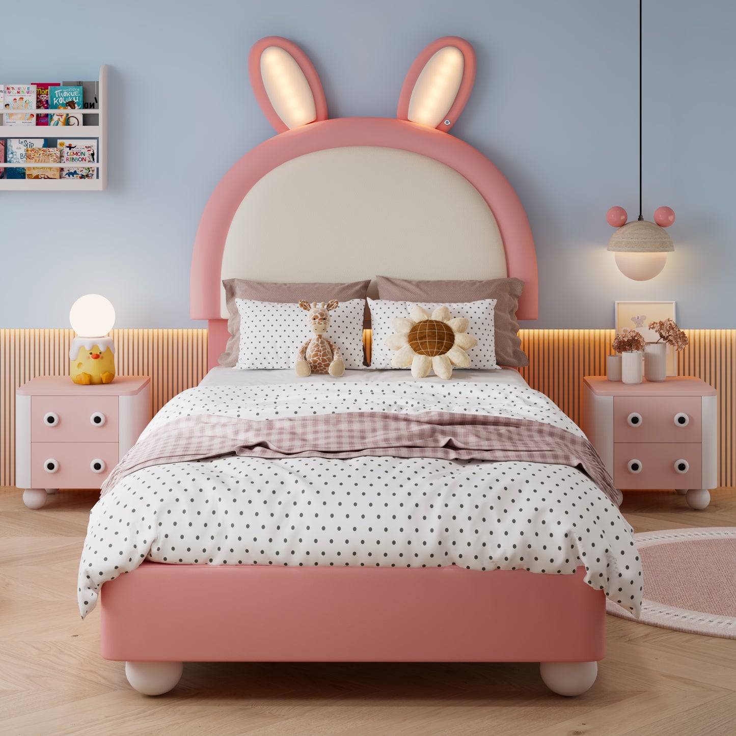 Upholstered Bed, Single Bed, Bunny-Shaped Headboard, With LED Light Strip, Soft Anti-Collision Sponge Edge, Sturdy Bed Frame, PU  Plywood, Pin K White, 90x200cm