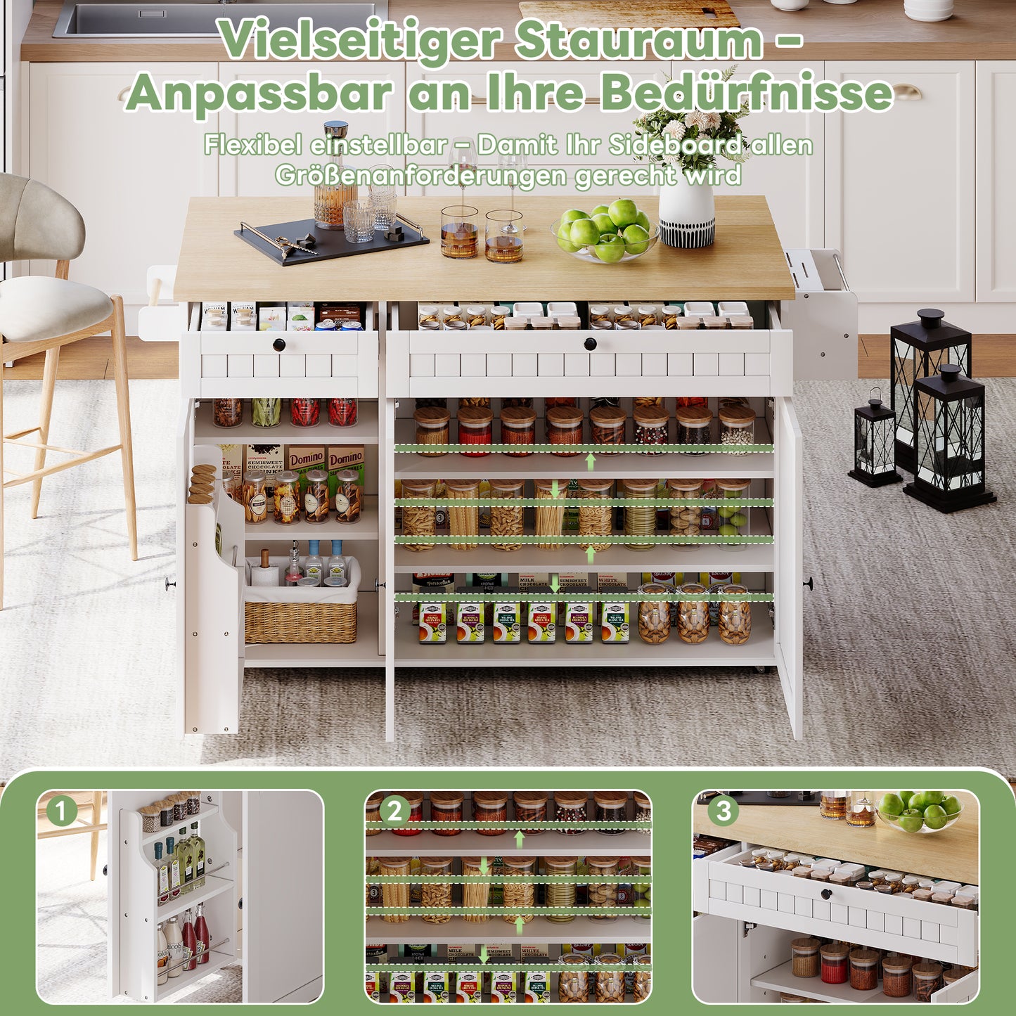 Kitchen Island With Folding Worktop, Kitchen Cabinet On 6 Lockable Castors, With Shelf, Door Shelf, 2 Large Drawers And Cabinet, White, 137 X 89.5 X 45 Cm