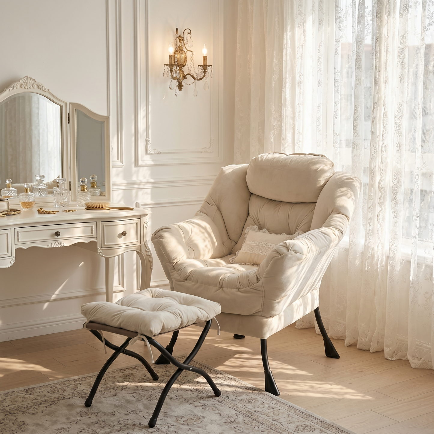 Armchair With Stool, Recliner With Armrests, Side Bag & Footrest, Lounge Chair, TV Armchair, Wing Chair For Living Room, Bedroom, Office  Beige