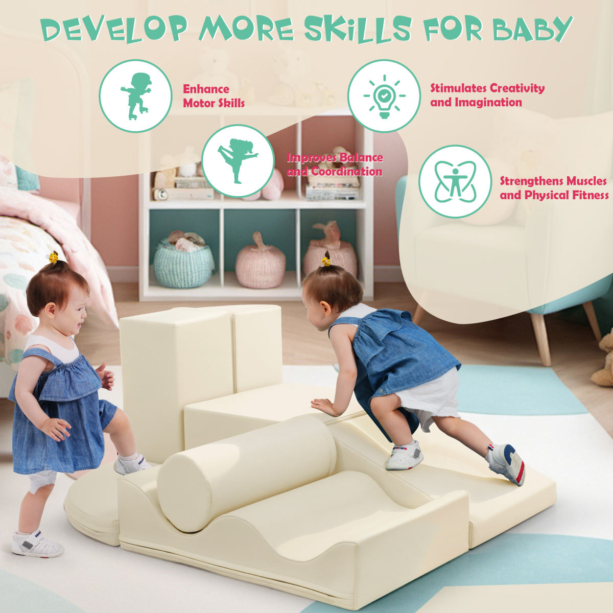 7-Piece Indoor Climbing Foam For Kids, Soft PU Toddler Climbing Toys, Indoor Climb And Crawl Activity Play Set