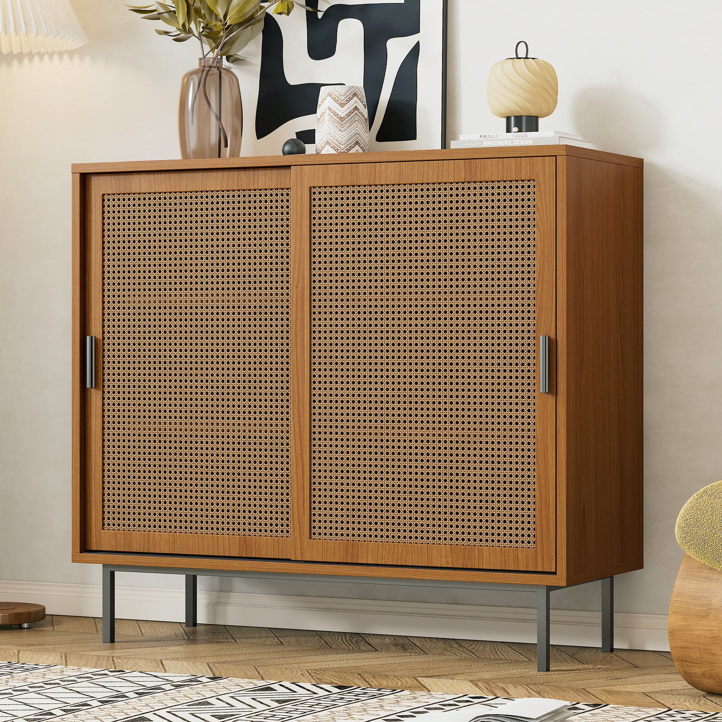 Sideboard, Kitchen Cabinet, Storage Cupboard With Rattan Decorated Doors, With 2 Sliding Barn Doors, 10 0 X 37 X 90 Cm, Adjustable Shelves, Walnut