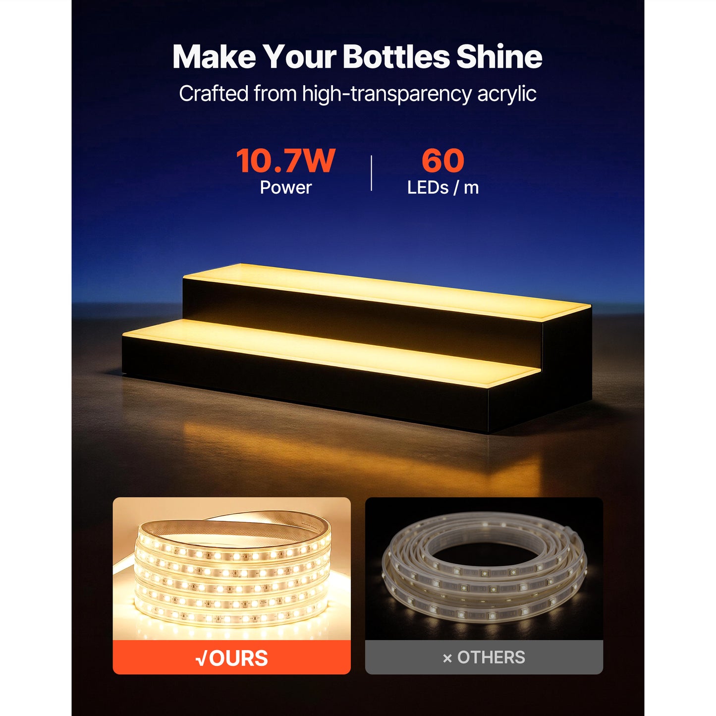 LED Lighted Liquor Bottle Display, 2 Tiers 24 Inches, Supports USB, Acrylic Illuminated Home Bar Shelf Display With RF Remote & App Control, 9 Static Colors, Timing Mode, For 12-16 Bottles