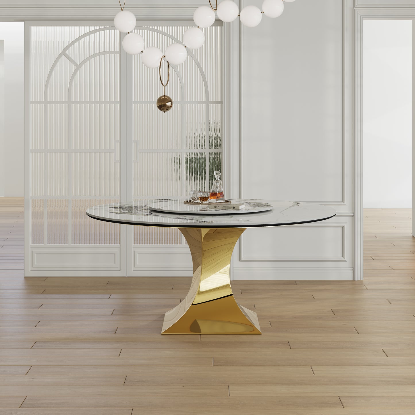 59 Round Sintered Stone Dining Table Set With Gold Stainless Steel Hourglass Base  - Modern Luxury Marble-Look Kitchen Table For 4-6 People  Scratch & Heat Resistant Surface-Only Table