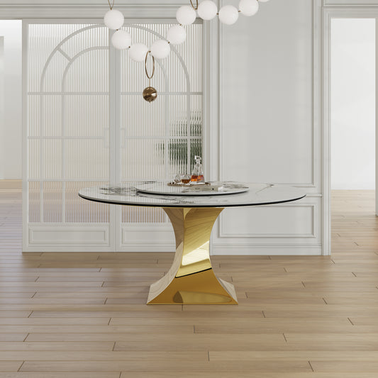 59 Round Sintered Stone Dining Table Set With Gold Stainless Steel Hourglass Base  - Modern Luxury Marble-Look Kitchen Table For 4-6 People  Scratch & Heat Resistant Surface-Only Table
