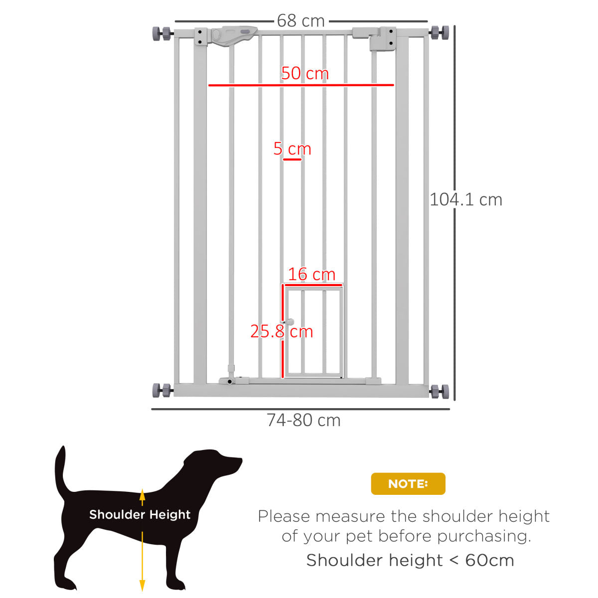PawHut Extra Tall Pet Gate, Indoor Dog Safety Gate, With Cat Flap, Auto Close, 74-80cm Wide - White