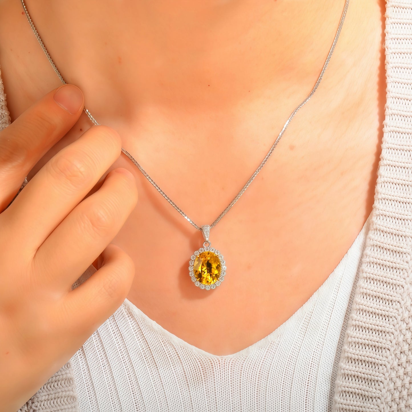 Oval Cut Yellow Citrine CZ Halo Pendant Necklace For Women, Copper Plated Silver Full Pave White Cubic Zirconia Vintage Wedding Bridal Statement Jewelry Gift