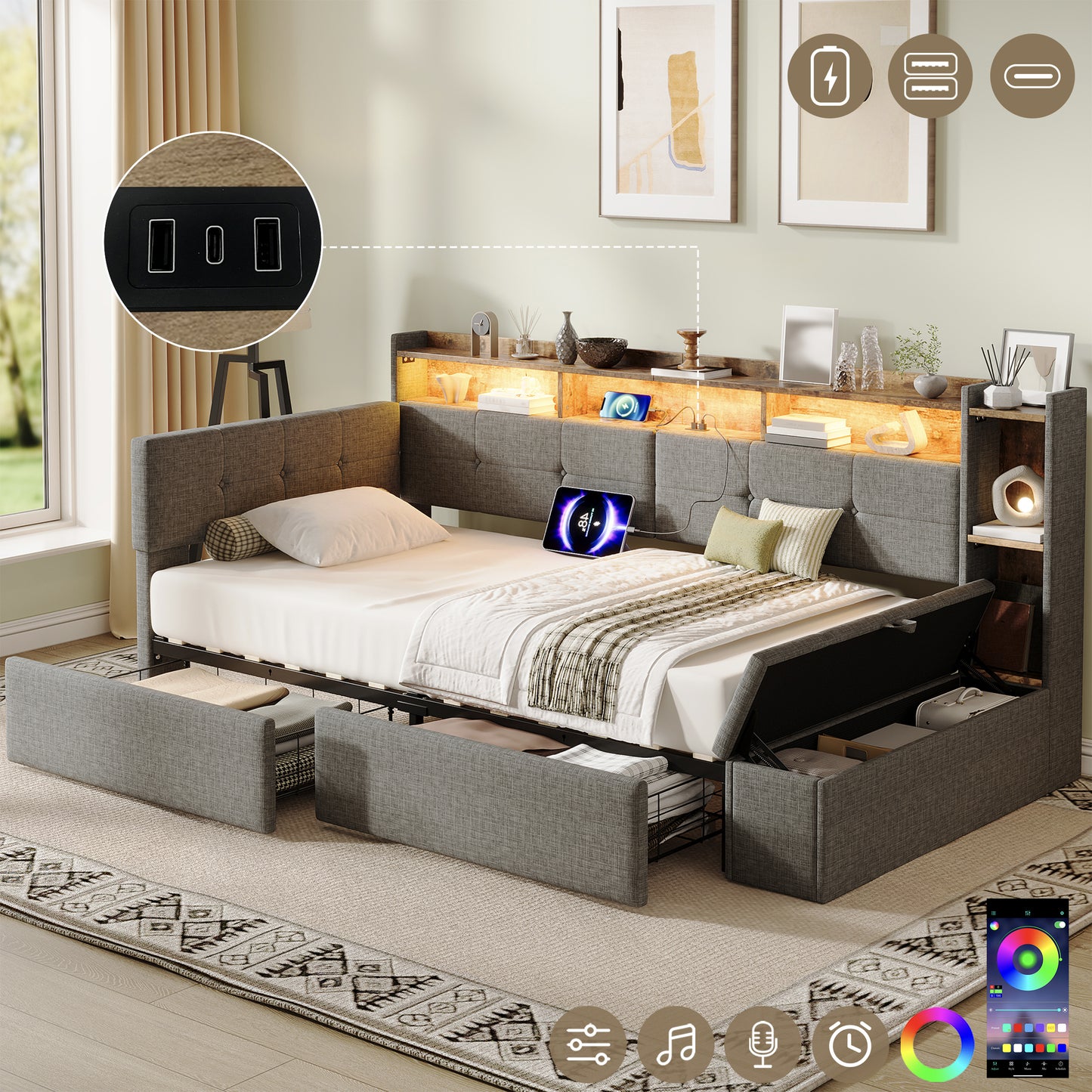 3ft Single LED Daybed With Storage Drawers And Bed End Ottoman Storage, Modern Linen Sofa Bed With Charging Station For Living Room Bedroom Study Room, 90X190cm, Grey  No Mattress