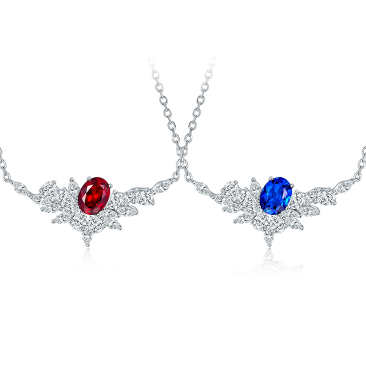 S925 Sterling Silver Lab-Grown Ruby Sapphire Necklace, 8x6mm Oval With Marquise Cluster, Platinum Plated 40&45cm Chain, 5g, Gift Box