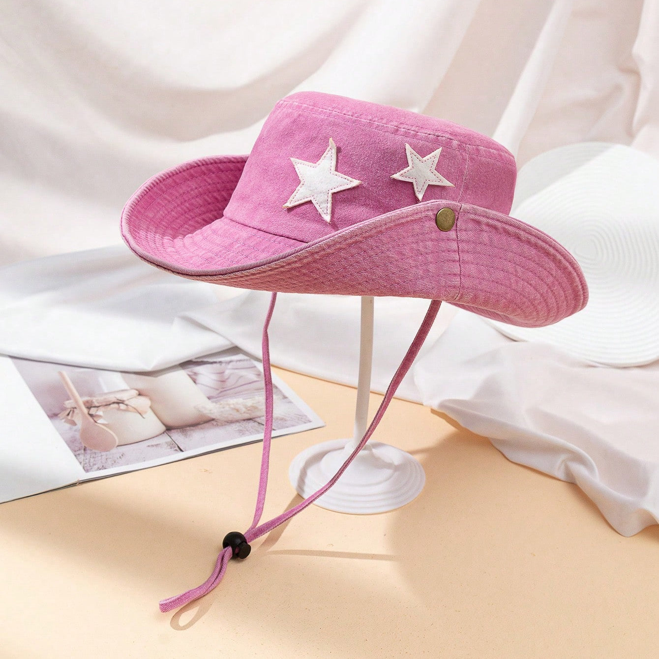 Retro Washed And Distressed Five-point Star Patchwork Beanie For Fishermen With Large Brim For Outdoor Activities Windproof Rope Hat For Camping And Traveling
