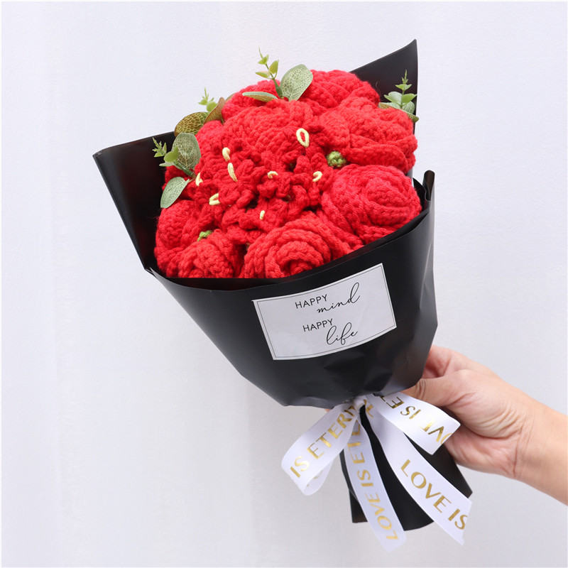 Hand-crocheted Red Rose Bouquet Paired With Eucalyptus Preserved Wool Flowers, Eleg In Black Luxurious Wrapping For A Romantic Floral Gift.