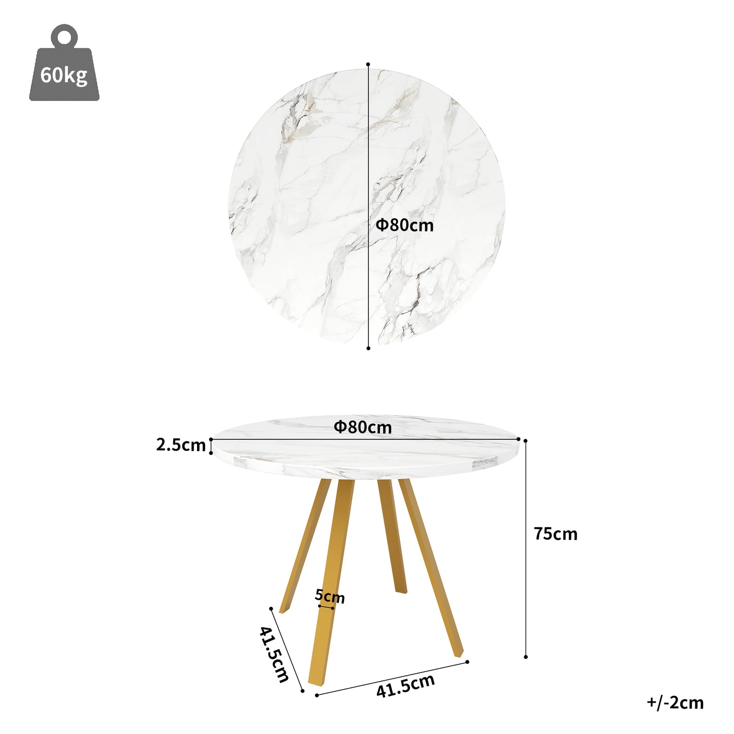 Round Dining Table  80x80x75cm , Kitchen Dining Table, Round Coffee Table For 4 People, Suitable For Dining Room, Living Room, Metal Table Legs, White Marble Pattern And Golden Table Legs