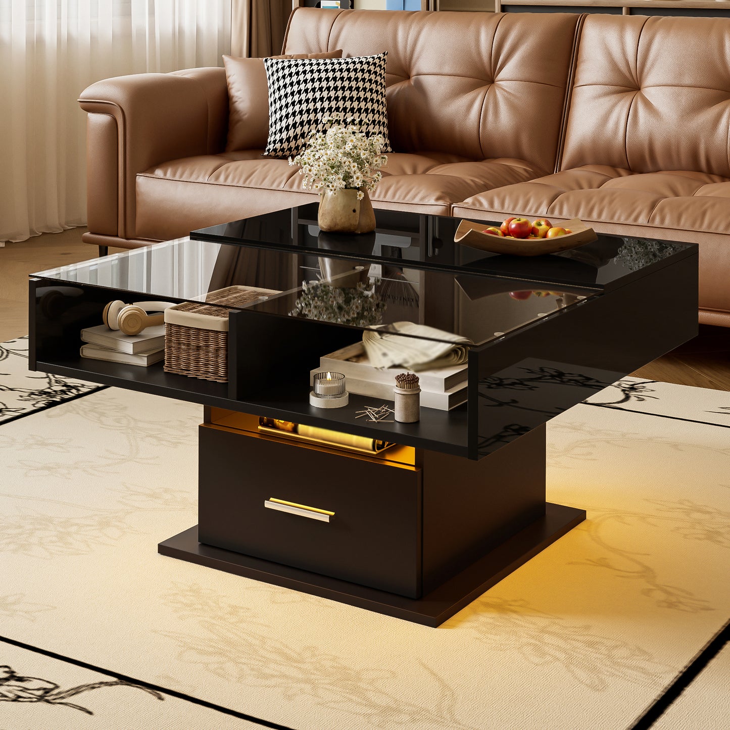 Multifunctional High-gloss Lift Coffee Table With LED Lighting, Adjustable Height & Flexible Storage Space  Modern Design For Living Room, Office & Small Apartments