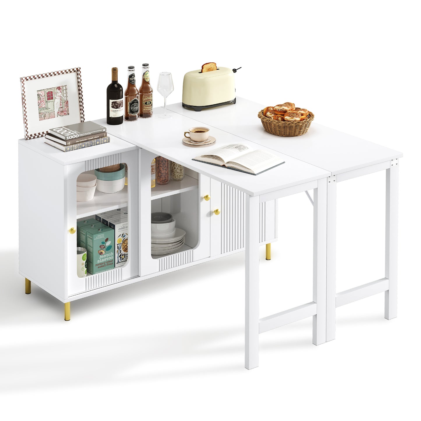 Modern White Buffet Sideboard With Folding & Extendable Table Top, Swivel Surface, Golden Metal Legs, Sliding Glass Doors & Wave Pattern - Perfect For Dining Room & Kitchen