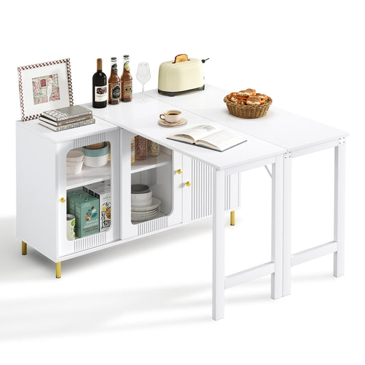 Modern White Buffet Sideboard With Folding & Extendable Table Top, Swivel Surface, Golden Metal Legs, Sliding Glass Doors & Wave Pattern - Perfect For Dining Room & Kitchen