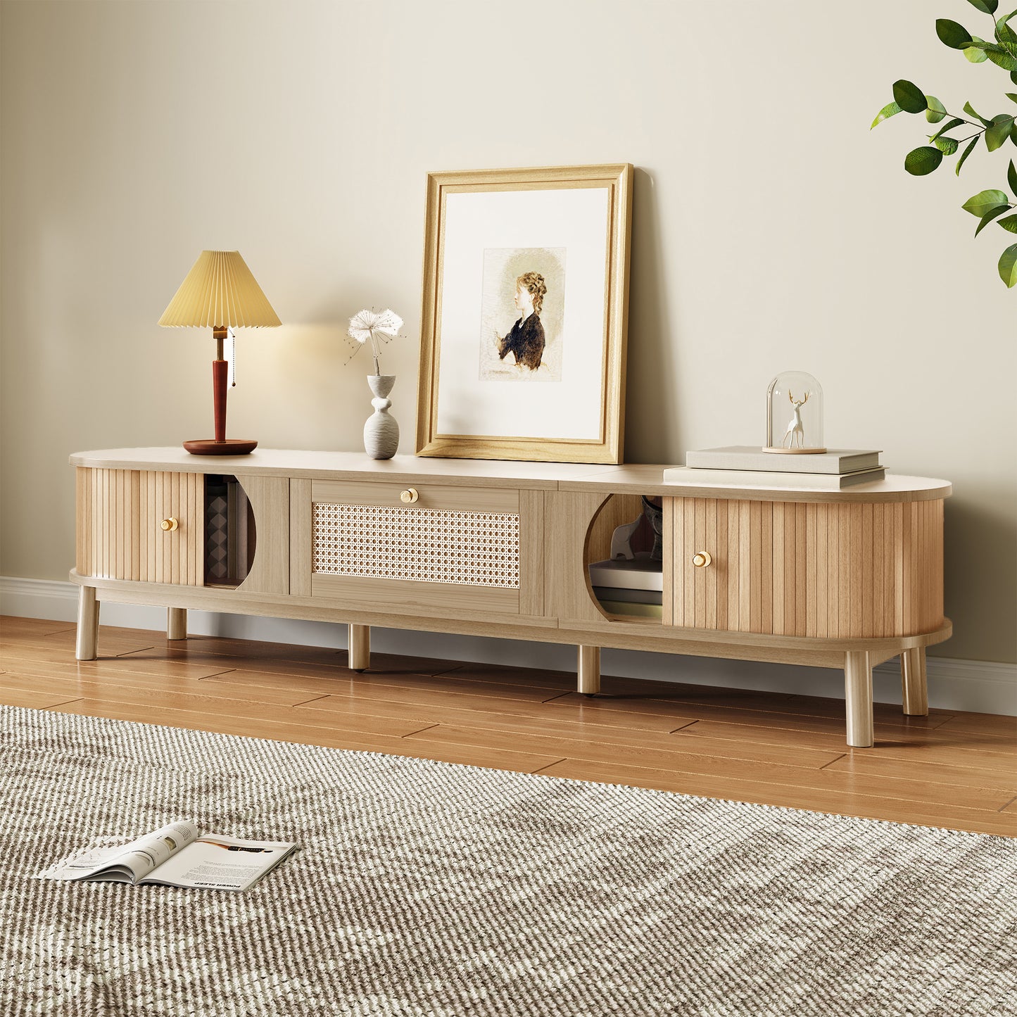 TV Cabinet TV Stand With Solid Natural Wood Doors And Rattan Drawers. Natural Storage Solutions For A Rustic Atmosphere