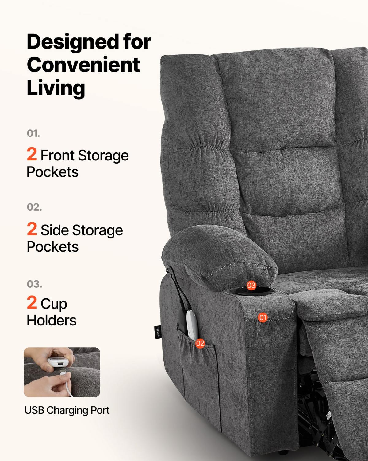 Power Lift Recliner Chair, Large Electric Lift Chair With Heat And Massage For Elderly, Infinite Position Adjustment, Chenille Fabric, With Side Pockets, Cup Holders And USB Port, Dark Gray