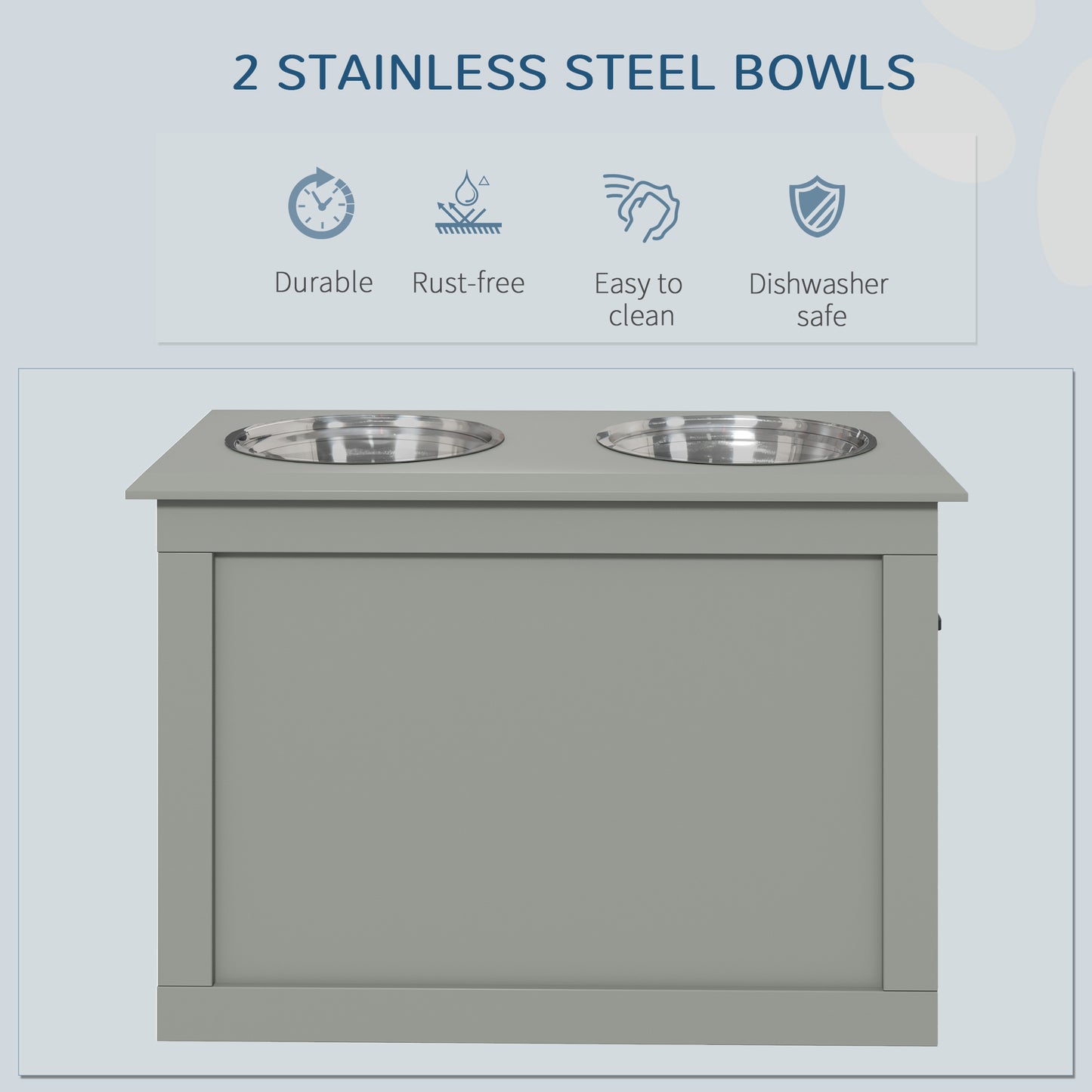 Raised Pet Feeding Storage Station with 2 Stainless Steel Bowls Base for Large Dogs and Other Large Pets, Gray