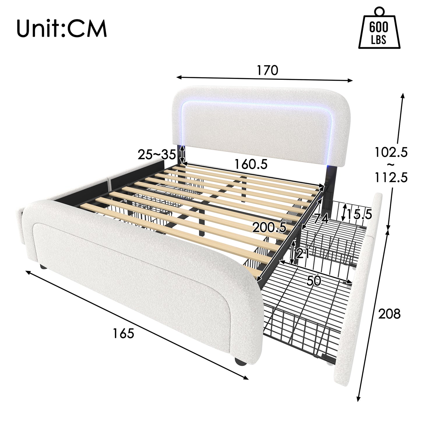 AB20044647W Bed Frame With USB-C Charging, LED Lighting, And 4 Drawers  Upholstered Double Bed 160x200cmWith Height-Adjustable Headboard And Wooden Slatted Base  Sherpa White Mattress Not Inc