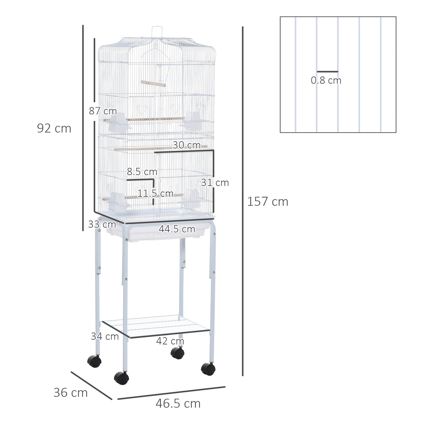 PawHut Bird Cage Budgie Cages For Finch Canary Parakeet With Stand Wheels Slide-out Tray Accessories Storage Shelf, White 46.5 X 36 X 157 Cm