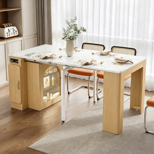 Kitchen Island With Wheels, Extendable Dining Table With Removable Table Top, Mobile Serving Trolley With Power Strips, Serves As A Sideboard, Sideboard Or Bar Table For Kitchen And Dining Room  Natur