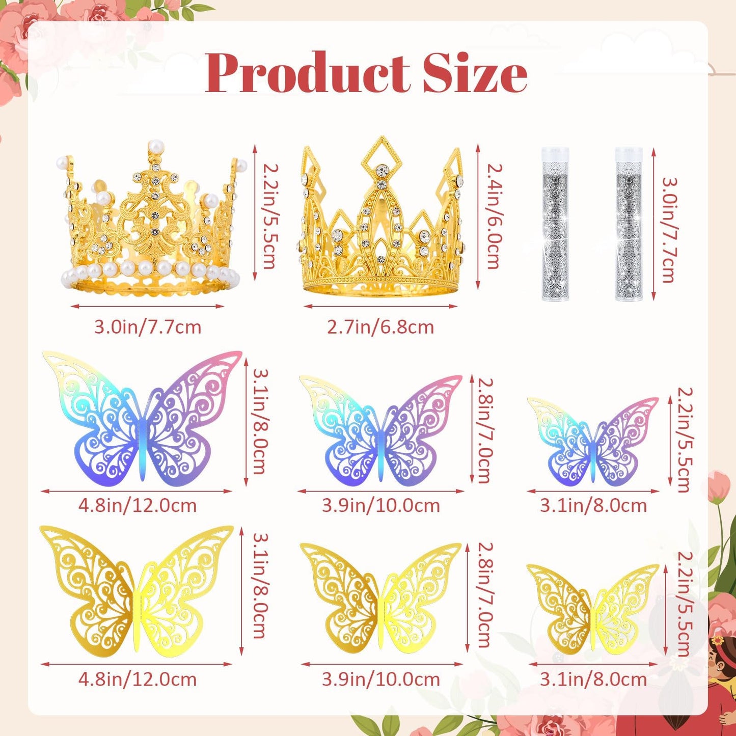 Flower Bouquet Accessories Set 24pcs 3D Hollow Butterflies 2pcs Gold Crowns 2 Tubes Of Sliver Glitter Powder,Mini Crowns For Mothers Day Cake Decoration Flower Accessories For Wedding Party