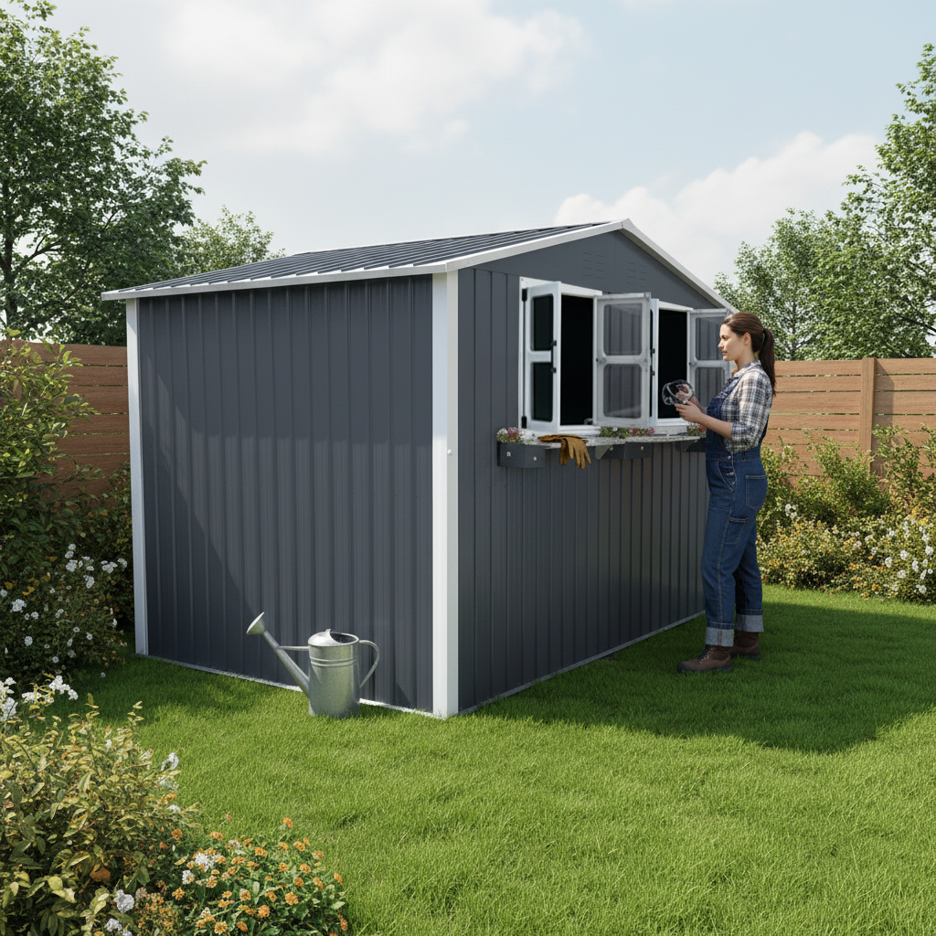 9x6 FT Outdoor Metal Storage Shed With Window & Flower Rack, Lockable Double Doors Tool Shed, Waterproof Weatherproof Garden Shed For  Patio,  Coal Gray