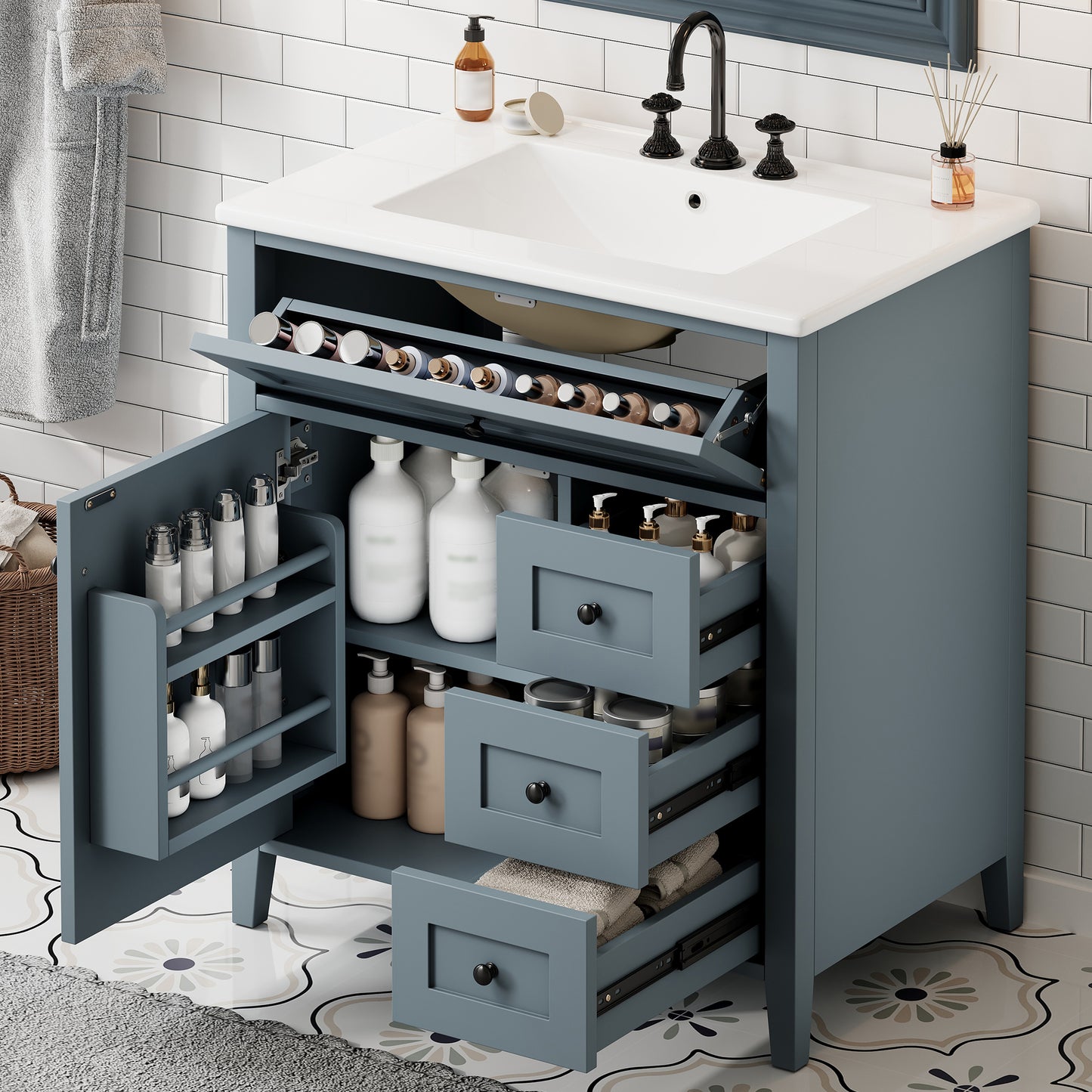 30-Inch Gray Blue Bathroom Vanity With Sink, Modern MDF And Rubberwood Cabinet With 3 Drawers And Adjustable Shelf, Freestanding Vanity For Bathroom Storage And Organization Left Door