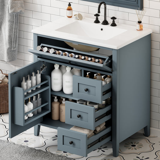 30-Inch Gray Blue Bathroom Vanity With Sink, Modern MDF And Rubberwood Cabinet With 3 Drawers And Adjustable Shelf, Freestanding Vanity For Bathroom Storage And Organization Left Door