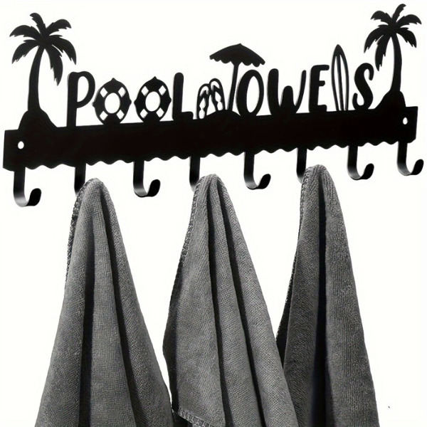 CIFbuy1 PC A Very Practical Modern Pool Towel Rack Made Of Handmade Iron With 8 Hooks For Storage, Rust Proof Wall Mounted Spa Beach Decoration, Black Coati